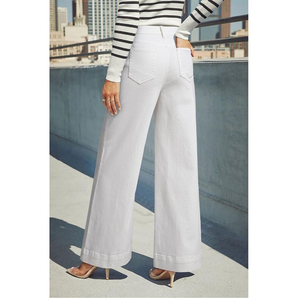 Women's White Casual High Waisted Stretch Button Wide Leg Loose Denim Jeans - Picture 2 of 3